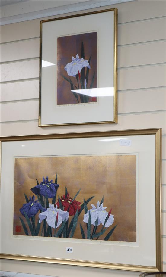 Kazutoshi Sugiura b.1938, two limited edition screen prints of irises largest 37 x 61cm